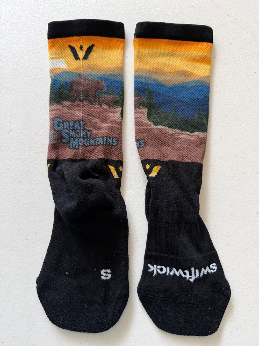 Great Smoky Mountains Crew Socks - Black Scenic Design Size S
